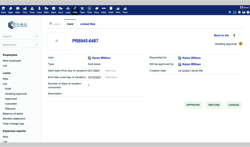 img erp crm hr leave requests