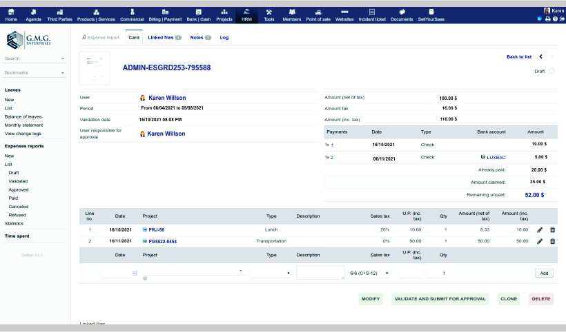 img erp crm hr expense reports